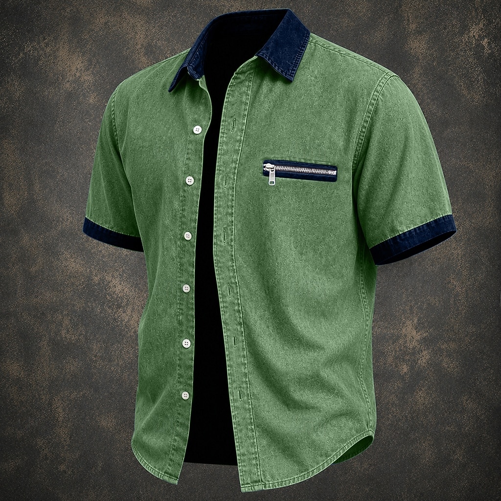 SoftFade™ Men Shirt Casual Shirt Denim Shirt Cotton Acid Wash Shirt Acid Wash Shirt Black Green khaki Gray Light Blue Short Sleeve Plain Shirt Collar Casual Daily Color Block Clothing Apparel Elegant 2026 - $31.99 –P5