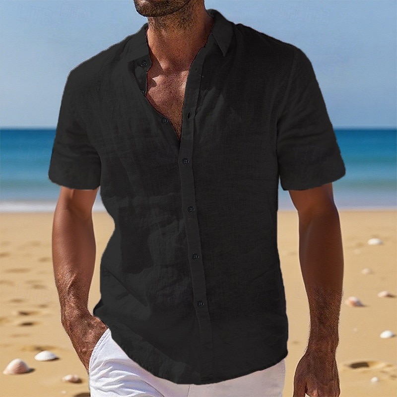 Herren Leinenhemd Sommerhemd Strandbekleidung Knopfhemd Einfach Urlaub Kreuzfahrt Schwarz Weiß Hellgrün Rosa Kurzarm Umlegekragen Sommer Bekleidung 2026 - $22.99 –P15