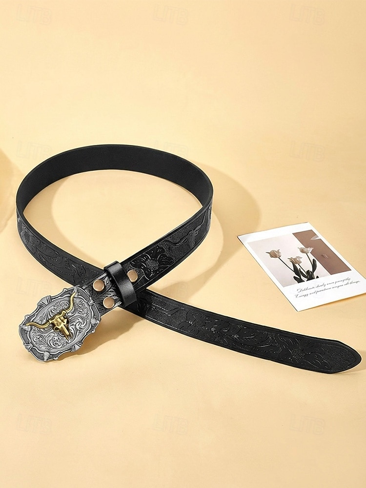 Men's Western Cowboy Belt, Vintage Embossed Faux Leather Belt for Men, Adjustable Length Country Style Waistband with Large Bull Skull Buckle, Retro Rodeo Jeans Accessory, Black Brown Colors 2026 - $14.99 –P4