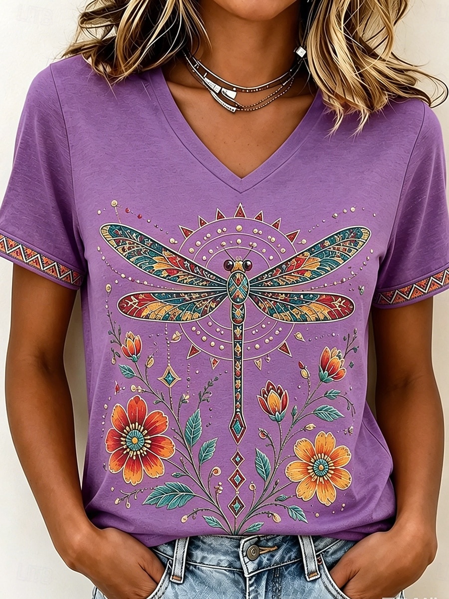 Femmes T-shirt Imprimé Graphique Animal Mode Élégant Occasionnel Manche Courte Col en V Hauts Réguliers Occasionnel Quotidien Sortir Rose Claire Violet Orange Été Printemps de 2026 ? $8.49 –P2