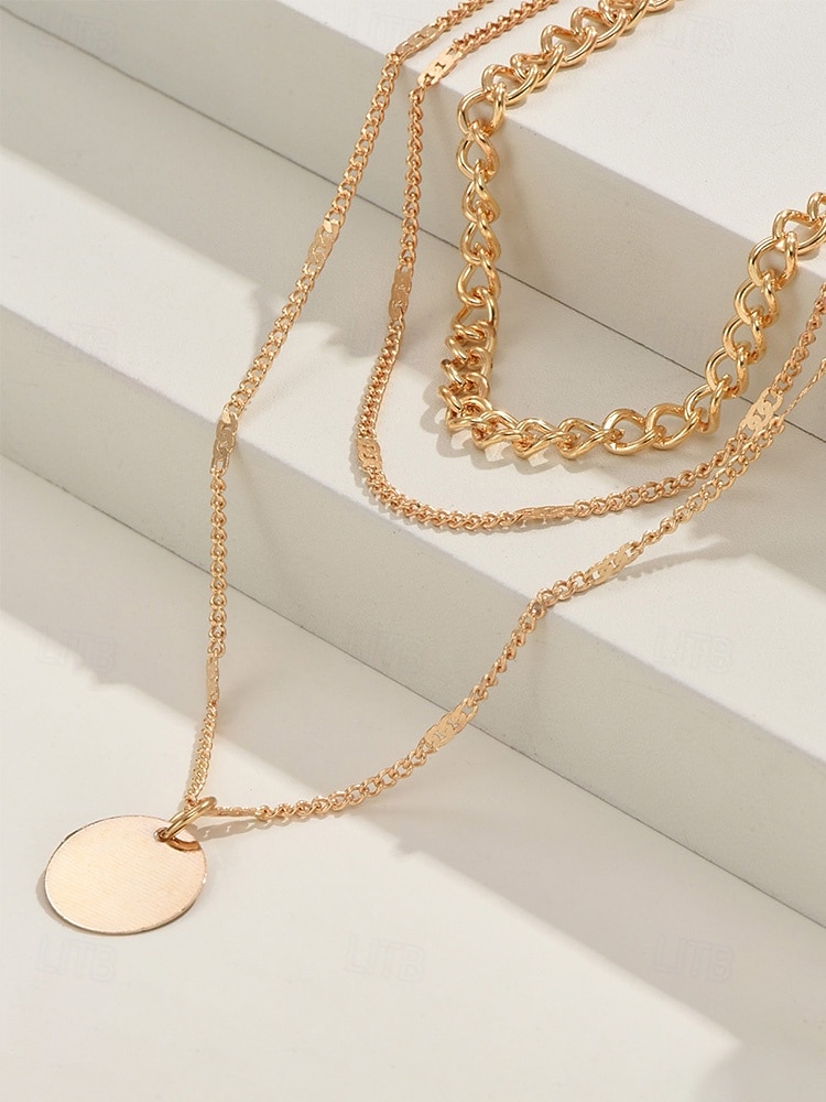 Damesketting met ronde schijfhanger in goud-zilveren lagen, minimalistische meerlaagse ketting van legering, elegante ketting voor elke dag, geschikt voor vakantie, werk, feestjes en als cadeau. 2026 - $7.99 –P5