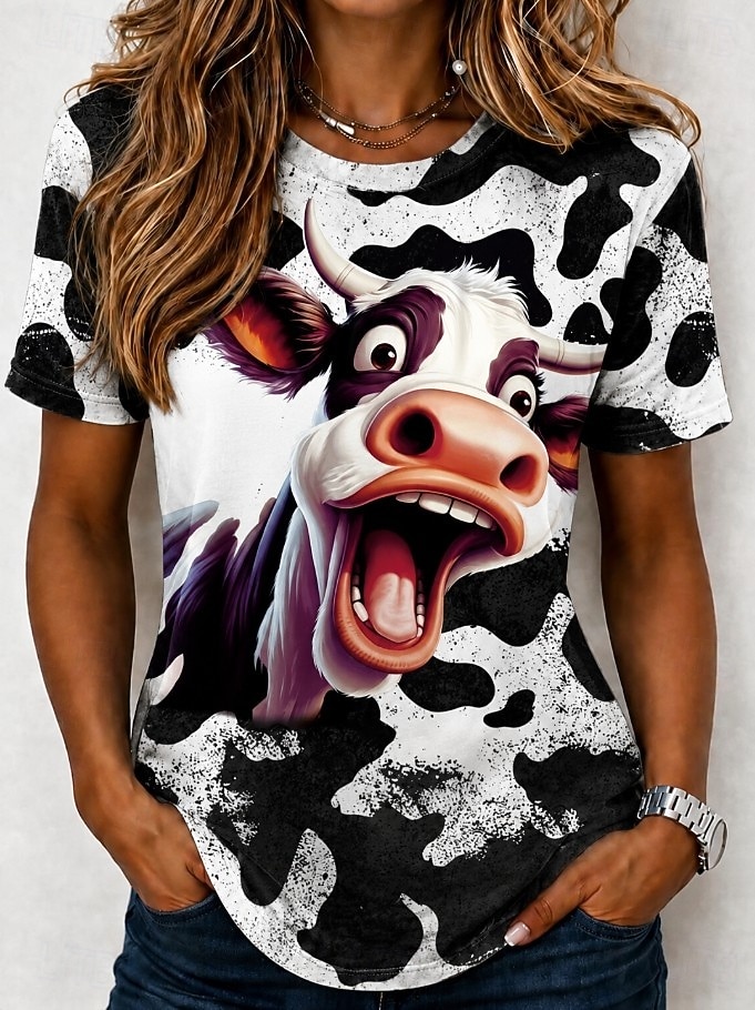 Per donna Maglietta Blocco di colore Stampato Grafico Animale Mucca Vintage Elegante Classico Manica Corta Girocollo Top lunghi Casuale Quotidiano Blu Bianco Cachi Beige Estate Primavera del 2026 a $21.99 –P3