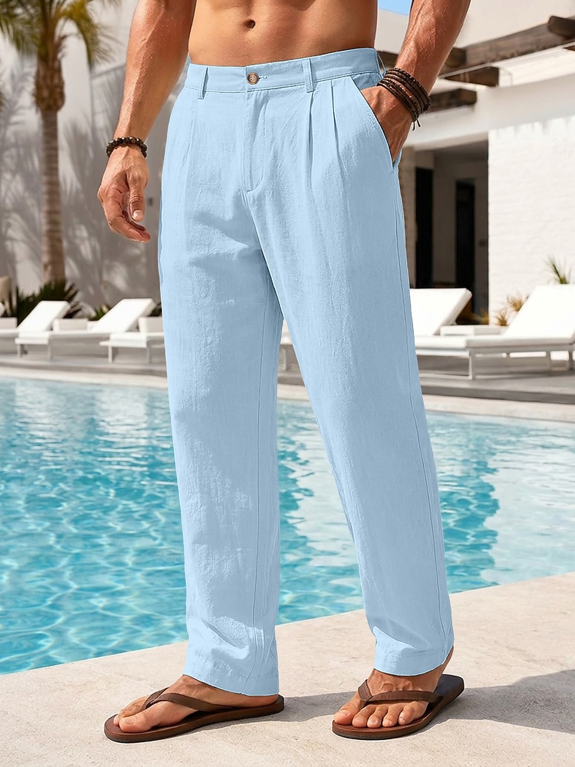 Men's Cotton Linen Pants Trousers Summer Pants Baggy Pants Beach Pants Pleated Pocket Solid Color Comfort Breathable Full Length Casual Daily Outdoor Vacation Fashion Loose Fit Blue White Inelastic 2026 - $29.99 –P11