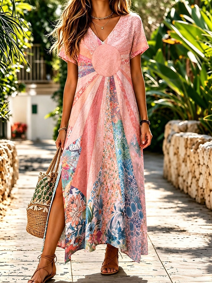 Per donna Abito Midi Vestito T-Shirt Abito a trapezio Casual Vestibilità regolare Floreale Grafico Manica Corta Scollo a V Blu Rosa Viola Arancione Estate Primavera del 2026 a $27.99 –P5