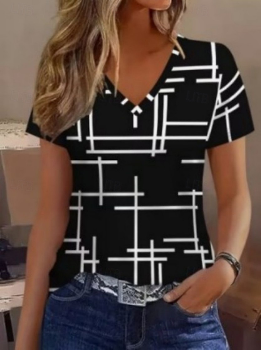 Mujer Camiseta Estampado Graphic Geométrico A Rayas Elegante Casual Manga Corta Escote en Pico Tops regulares Casual Diario Caqui Negro 1 # Negro Verano Primavera Otoño Invierno 2026 - $21.99 –P2