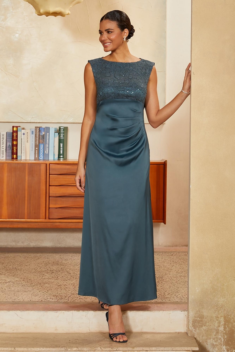 Women's A-Line Cocktail Dress Wedding Guest Dress Ankle Length Boat Neck Sleeveless Empire Waist Elegant Vintage Mother Of The Bride Semi Formal with Satin Sequin Lace Glitter Ruched Stretchy Ink Blue 2026 - $119.99 –P1