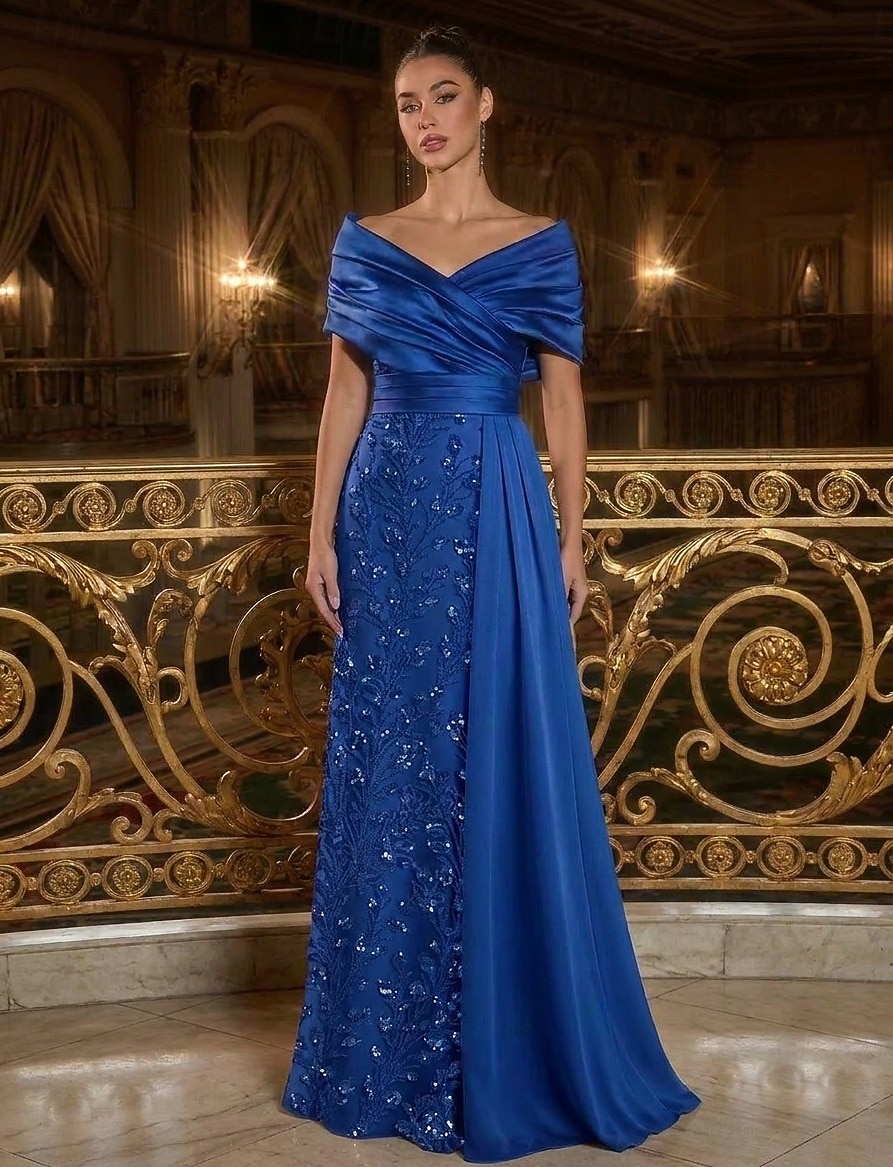 A-linje Gulvlengde Ballkjole med kappe Kveldskjoler Elegant Silkete Empire midje kveld Kortermet Løse skuldre Bryllup Formell Sateng Paljetter Cowlhals med Glimmer Plissert Paljett 2026 - $182.99 –P1