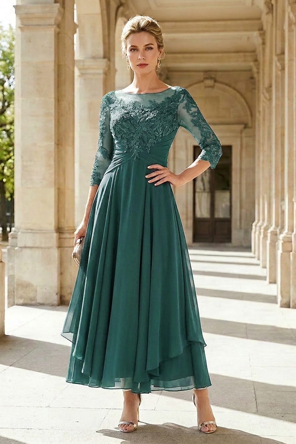 A-Line Ankle Length Party Dress Cocktail Dress Wedding Guest Dress Mother of the Bride Dress 3/4 Length Sleeve Jewel Neck Elegant Plus Size Wedding Guest Wedding Party Chiffon Lace with Ruched Sequin 2026 - $195.99 –P8