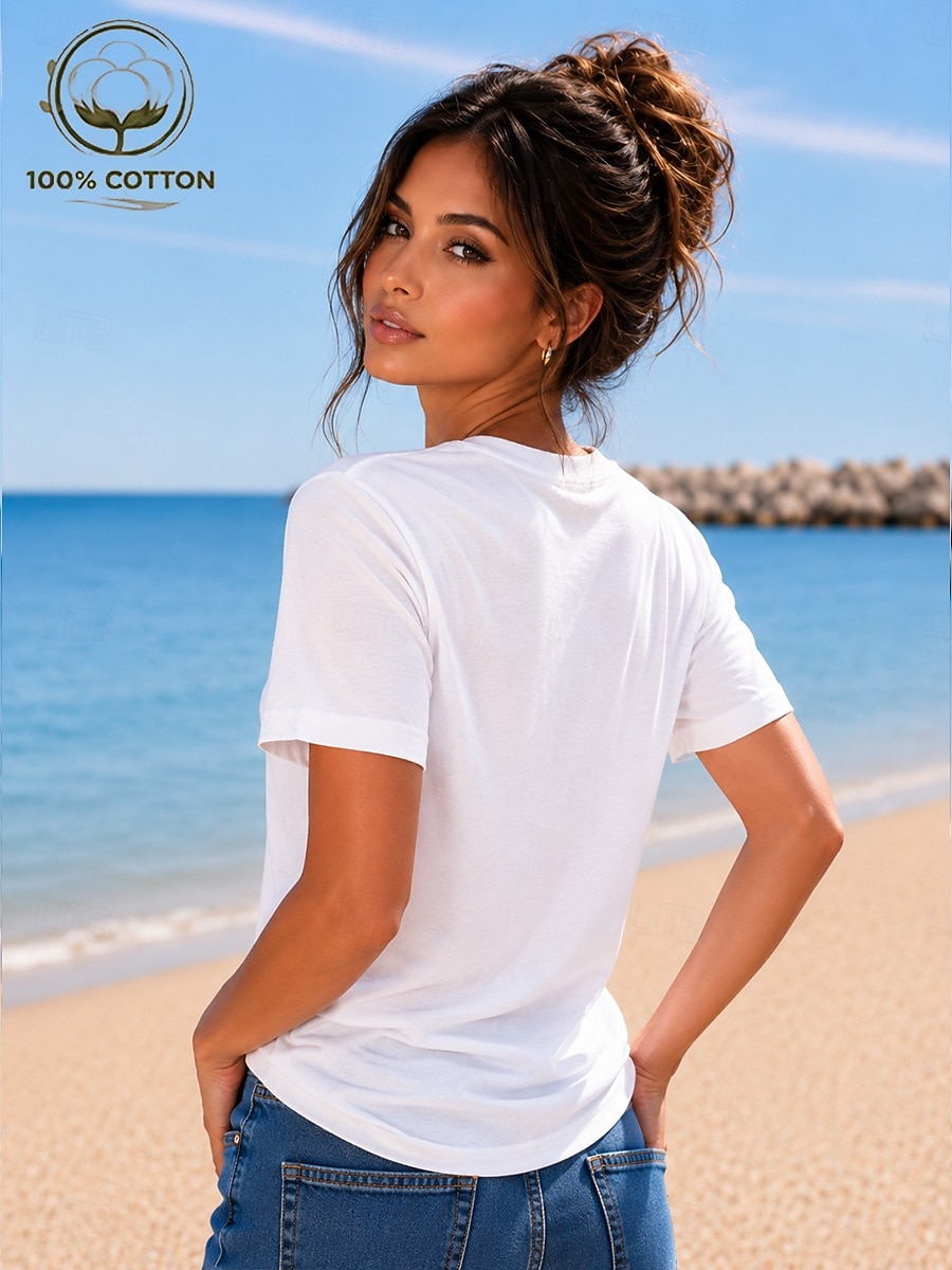 Women's T Shirt Summer Tops Cotton Shirt Tee Top Solid Color Fashion Stylish Basic Short Sleeve Crew Neck Round Neck Regular Tops Casual Daily Beach Blue Khaki Indigo Green with beige Black Summer 2026 - $19.99 –P3