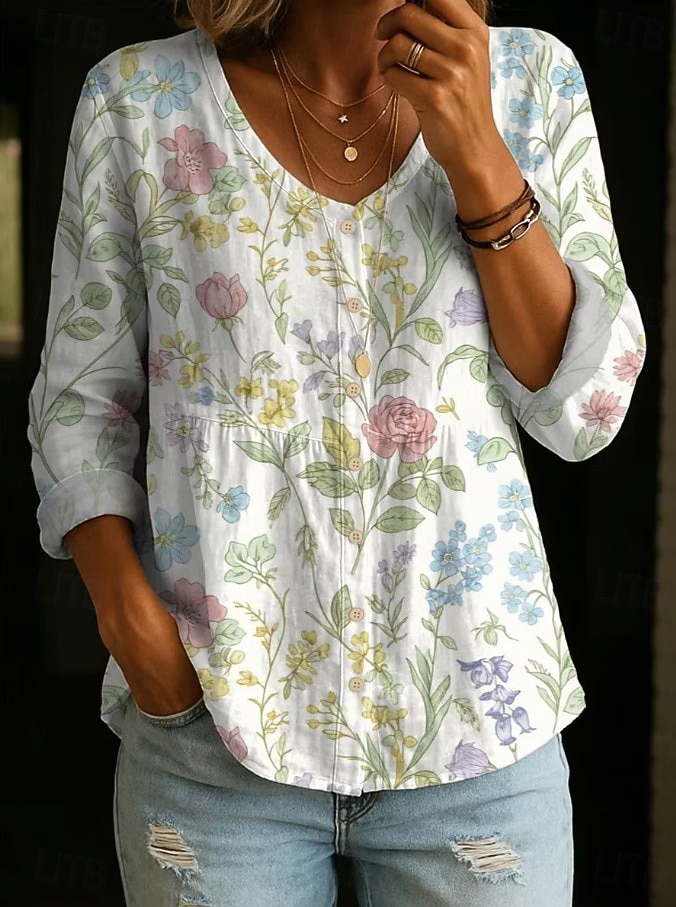 Mulheres Camisa Social Franzido Botões Floral Gráfico Elegante Boêmia Férias Decote V Tops curtos Casual Branco Amarelo Castanho Claro Verão Primavera de 2026 por $34.99 –P3