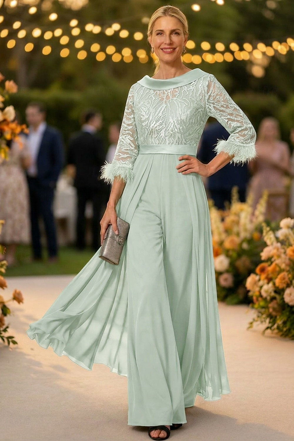 Tuta Completo Pantalone Lunghezza al pavimento Abito da cerimonia per signora Mezza Manica Collo gioiello Elegante Vintage Ospite di nozze Chiesa Chiffon con Piuma Paillettes Applicazioni del 2026 a $195.99 –P17