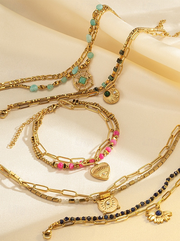 Damen-Doppelarmband im Boho-Stil mit mehreren Lagen Perlen, Naturstein &Charm-Armband aus Titanstahl für Damen, Sommer-Schmuckstück mit mehreren Anhängern – perfekt für Urlaub, Alltag und als Geschenk 2026 - $14.99 –P9