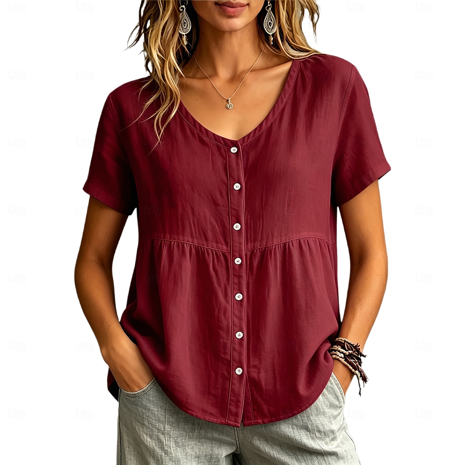 Dames Overhemd Blouse Lapwerk Knop Effen Kleur Elegant Casual Korte mouw Strakke ronde hals Normale tops Casual geel groen Zwart Wit Wijn Lichtgrijs Lente 2026 - $23.99 –P5
