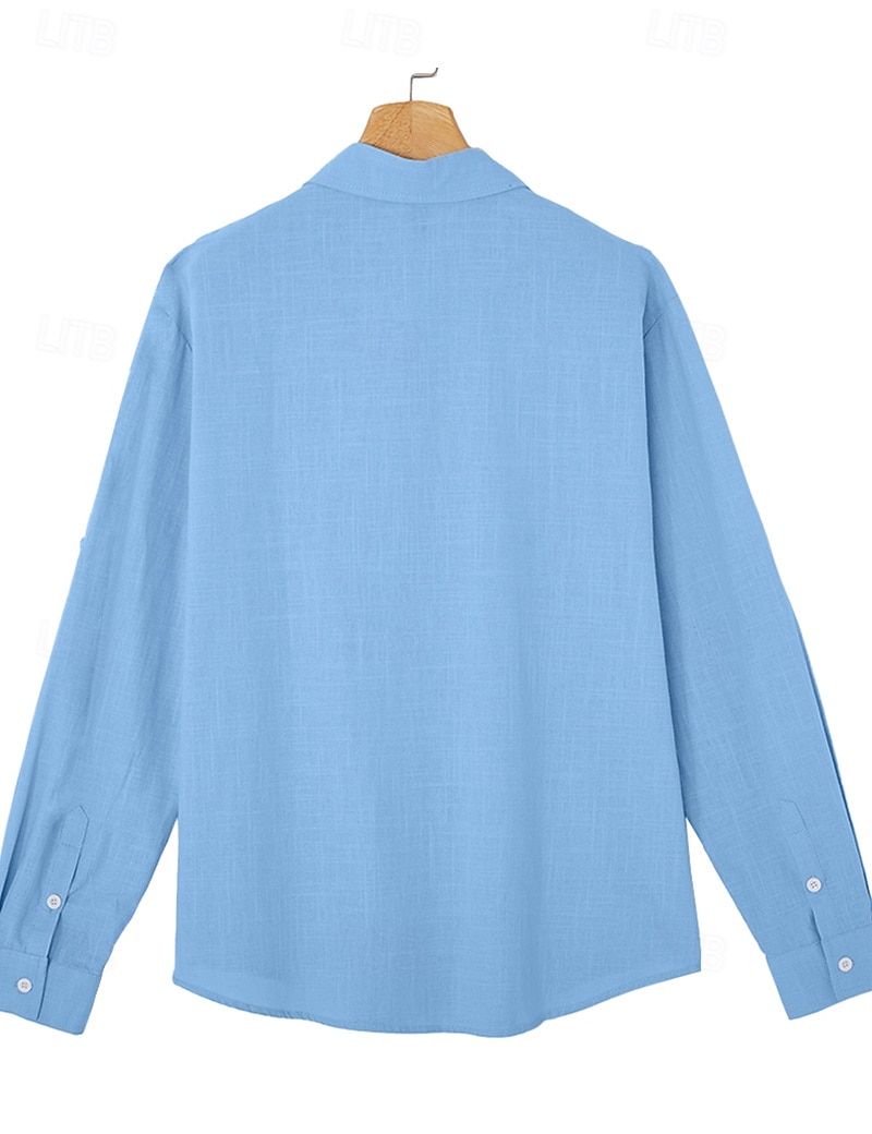 Men's Shirt Linen Shirt Summer Shirt Beach Wear Plain Vacation Casual Black White Blue Khaki Long Sleeve Lapel Spring & Summer Clothing Apparel 2026 - $26.99 –P4