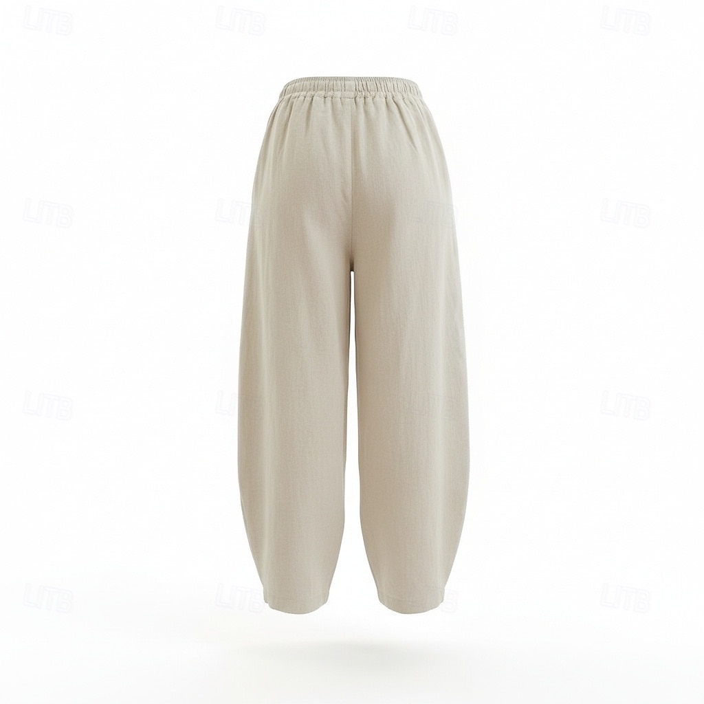Pantalones bombachos de lino para mujer, cintura media, largo completo, bolsillo, cintura elástica, vacaciones, azul arroz 2026 - $49.99 –P15