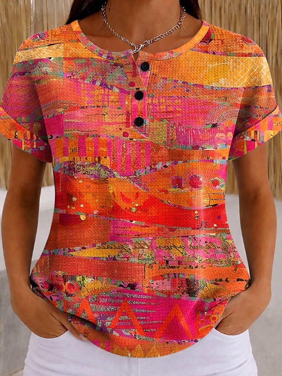 T-shirt en gaufre pour femmes impression graphique géométrique vintage élégant classique à manches courtes col rond hauts réguliers quotidiens noir et blanc noir blanc jaune rouge été printemps de 2026 ? $21.99 –P3
