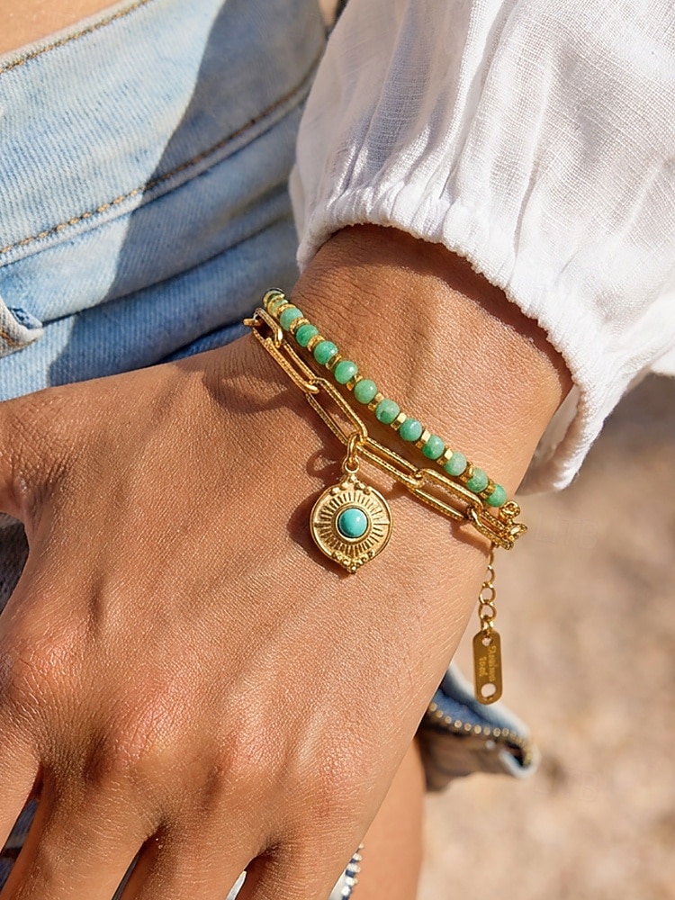 Damen-Doppelarmband im Boho-Stil mit mehreren Lagen Perlen, Naturstein &Charm-Armband aus Titanstahl für Damen, Sommer-Schmuckstück mit mehreren Anhängern – perfekt für Urlaub, Alltag und als Geschenk 2026 - $14.99 –P1