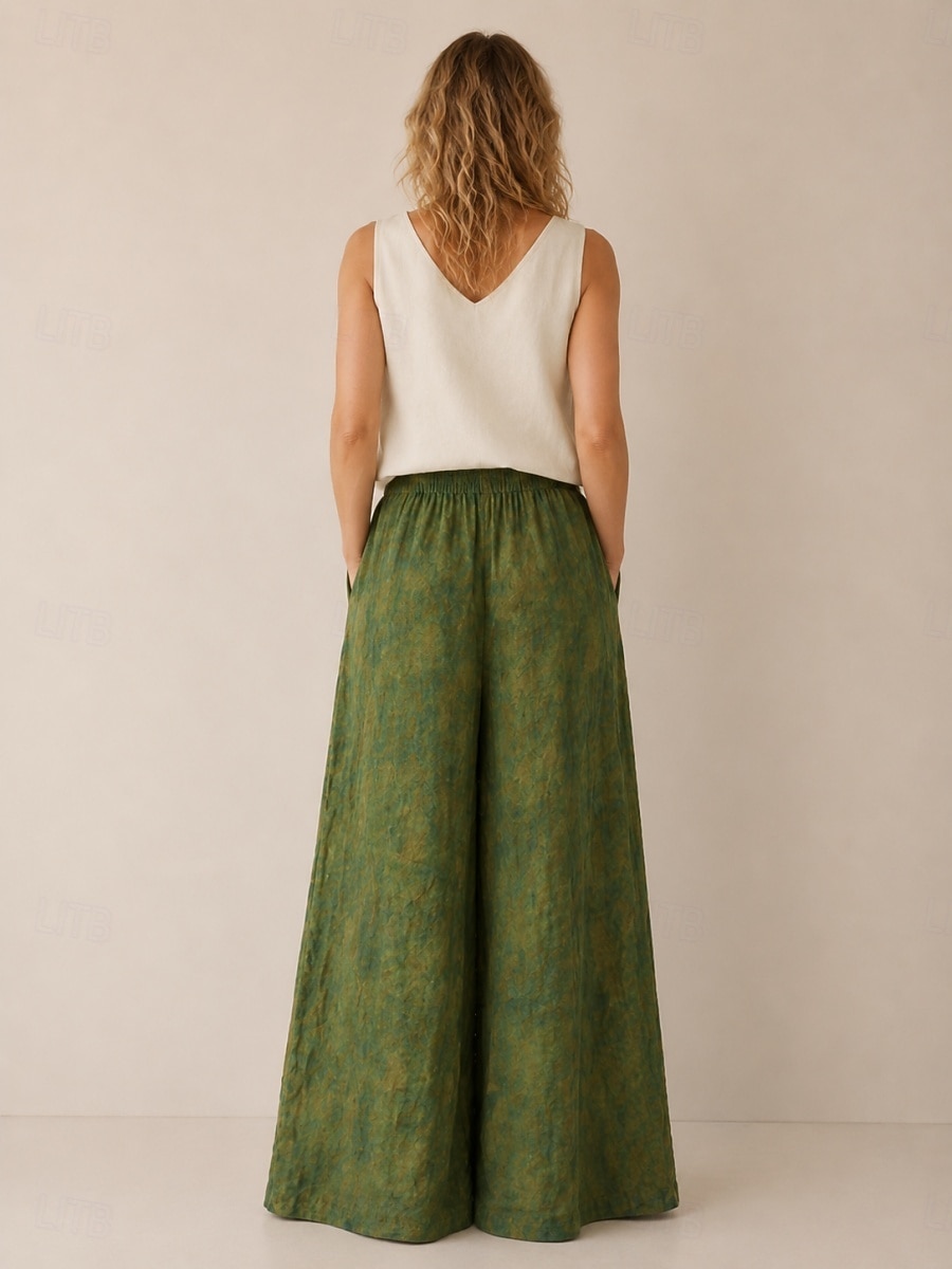 Damen-Hose aus 100 % Leinen mit weitem Bein, mittelhohem Bund, langer Länge, Batikmuster, Tasche, elastischem Bund, lockerer Passform, grün, Herbst/Winter 2026 - $49.99 –P4
