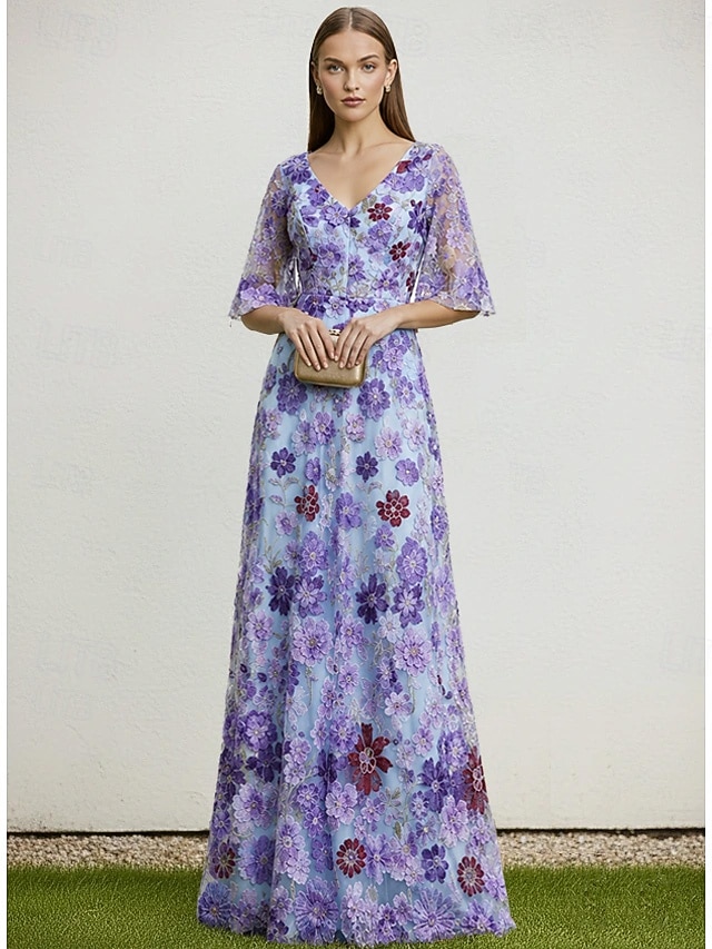 A-Line Floor Length Mother of the Bride Dress Short Sleeve V Neck Elegant Vintage Luxurious Formal Wedding Guest Wedding Party Chiffon Lace with Floral Print 3D Flowers Embroidery 2026 - $194.99 –P1