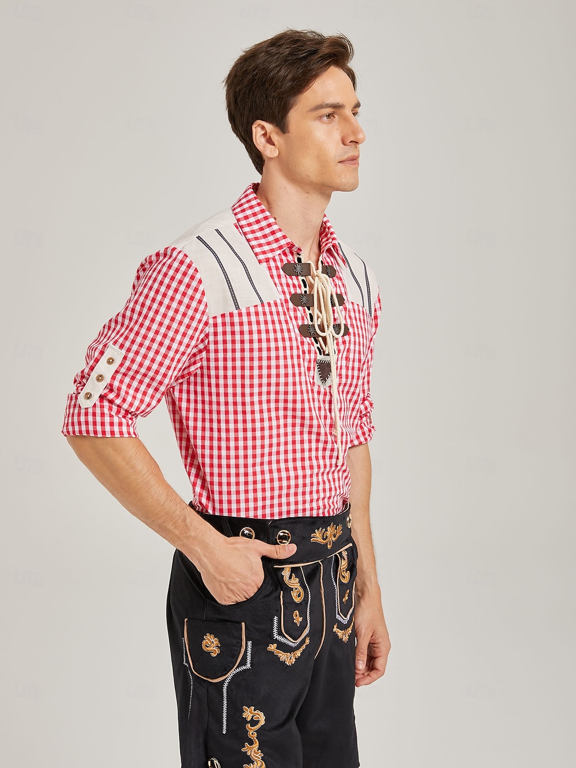 Oktoberfest Trachten shirts Rood geruit patroon Vetersluiting aan de voorkant Bavarian Duits Erfenis Weiden Voor heren Carnaval Bierfestival Doek in traditionele stijl 2026 - $65.99 –P2