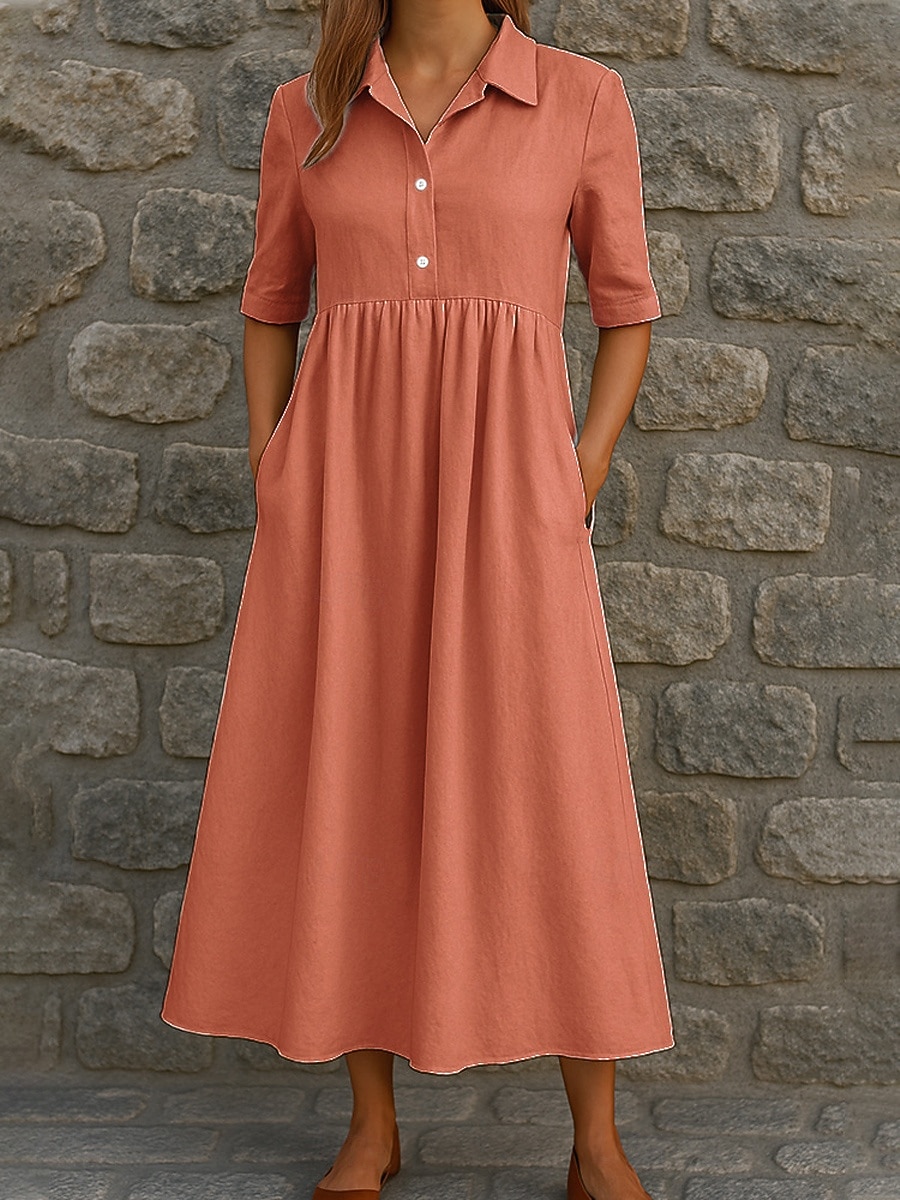 Mujer Vestido Midi Vestido informal Vestido de una línea Vestido de verano Básico Clásico Diario Vacaciones Ajuste regular Plano Media Manga Cuello Camisero Blanco Azul cielo Naranja Verde Trébol 2026 - $28.99 –P4