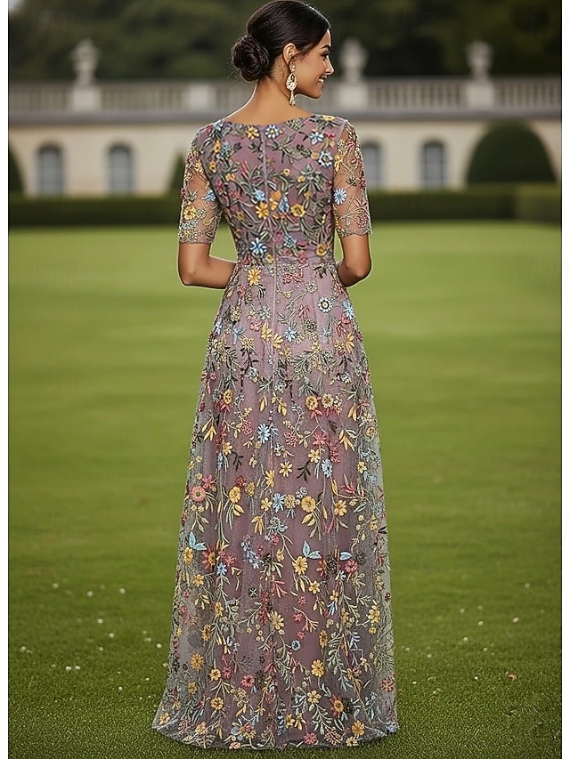 Corte A Vestidos Hasta el Suelo Vestido de Fiesta Vestido Cóctel Vestido de Madrina Media Manga Escote Elegante Vintage Lujoso Formal Invitado a la boda El derby de Kentucky Tul con Estampado flor 2026 - $182.99 –P2