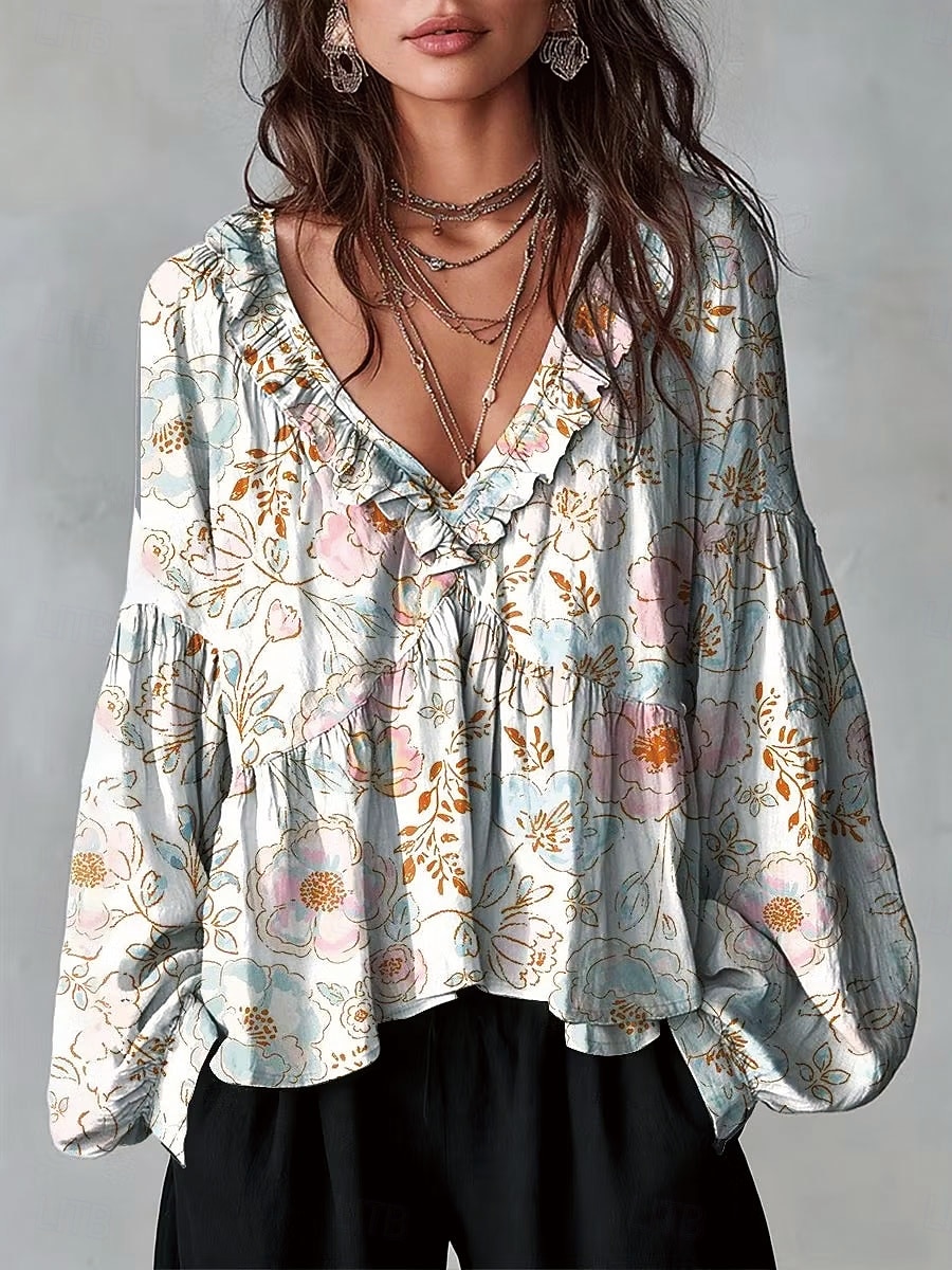 Dame Skjorte Tunika Drapering Nyanse Blomstret Grafisk Elegant Bohem Ferie Langermet V-hals Vanlige topper Avslappet Daglig Hvit Gul Rød Grønn Sommer Vår 2026 - $37.99 –P5