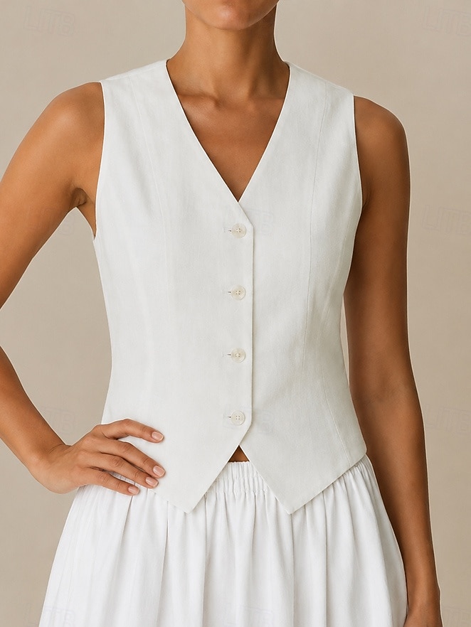 Damskie Bezrękawnik Koszulka Guziki Jednokolorowe Elegancja Moda Bez rękawów W serek Crop Topy Codzienny złamana biel Lato Wiosna 2026 - $35.99 –P2
