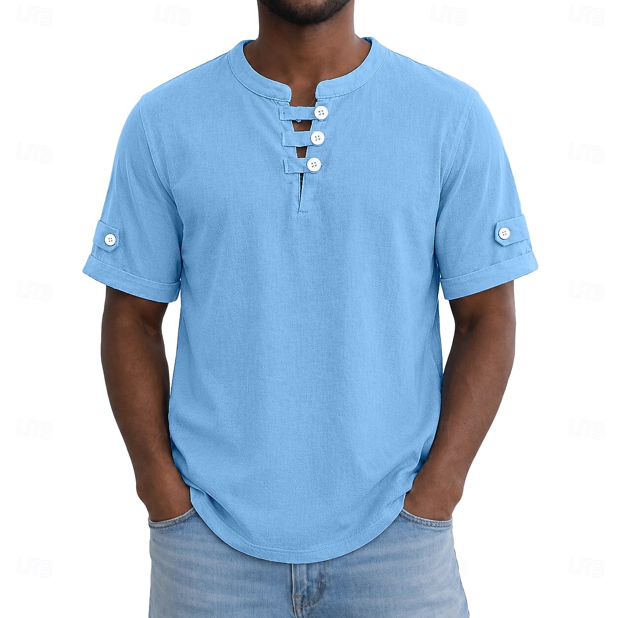 Men's 100% Cotton Polo Shirts Casual Vacation Collarless Short Sleeve Vacation Modern Plain Lightweight Buttons Summer Spring Blue White Yellow 100% Cotton 2026 - $26.99 –P1