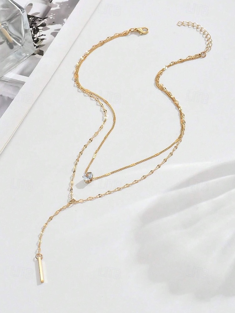Women's Gold Silver Double Layer Bar Pendant Necklace, Minimalist Alloy Layered Chain Jewelry for Women, Elegant Everyday Necklace for Vacation, Work, Party and Gift 2026 - $7.99 –P4