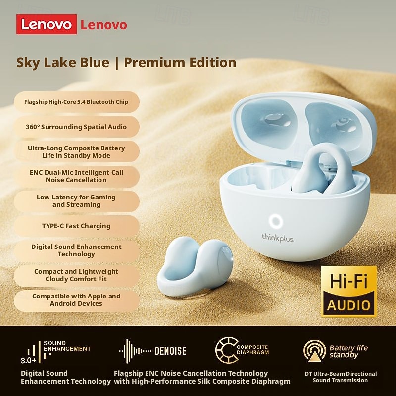 Lenovo ThinkPlus open-ear hoofdtelefoon, Bluetooth 5.4 draadloze clip-on oordopjes met luchtgeleiding, 360° ACS hifi stereo draadloze oordopjes met ENC ruisonderdrukkende microfoon, 24 uur 2026 - $35.99 –P12
