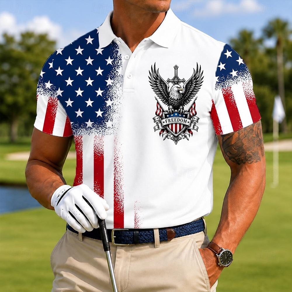 4th of July 2026 250th Men's American US Flag Sports Polo Shirts Short Sleeve Polo Shirts Lapel Casual Athleisure Daily Wear Festival Outfit 3D Print Buttons Breathable Mesh Spring & Summer Blue 2026 - $21.99 –P1