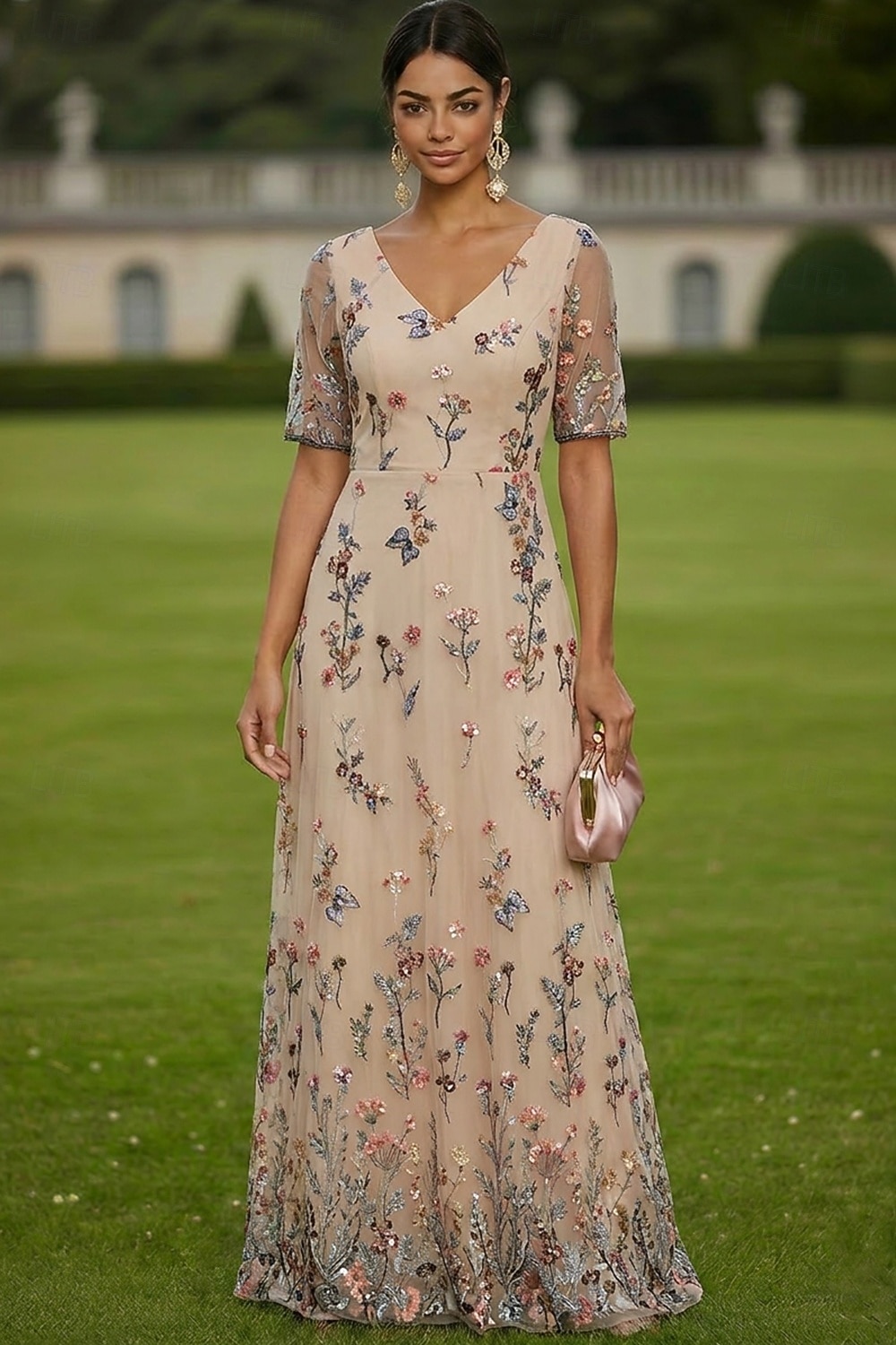 Linea ad A Abito Lunghezza al pavimento Vestito maxi Vestito da Festa Abito da Cocktail Abito da cerimonia per signora Manica Corta Scollo a V Elegante Vintage Lussuoso Formale Ospite di nozze Derby del 2026 a $182.99 –P1