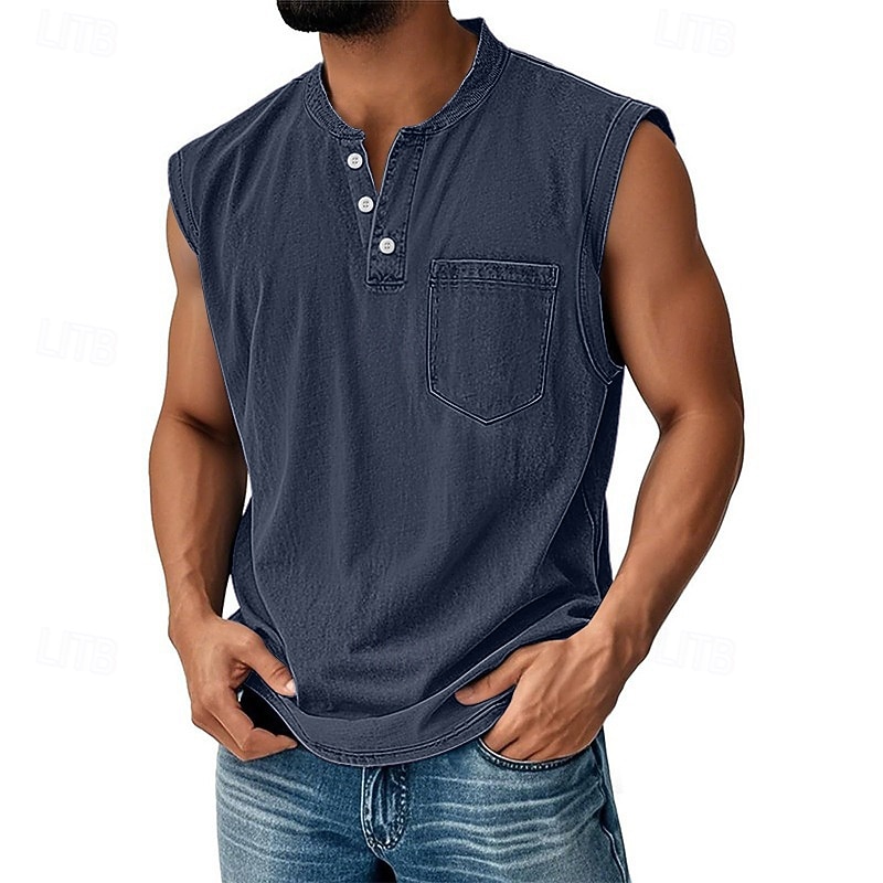 Regata masculina vintage 100% algodão com lavagem ácida, camiseta sem mangas, camiseta regata sem mangas estilo henley, camiseta básica de verão lisa, de grife, com bolsos e botões, para férias, estilo urbano, preta, para homens. de 2026 por $23.99 –P18