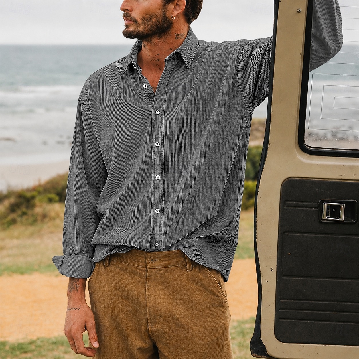 Men Shirt Casual Shirt Corduroy Shirt Button Up Shirt White Dark Brown Black Navy Blue Purple Long Sleeve Plain Shirt Collar Casual Daily Plain Clothing Apparel Elegant Fashion Casual 2026 - $29.99 –P1
