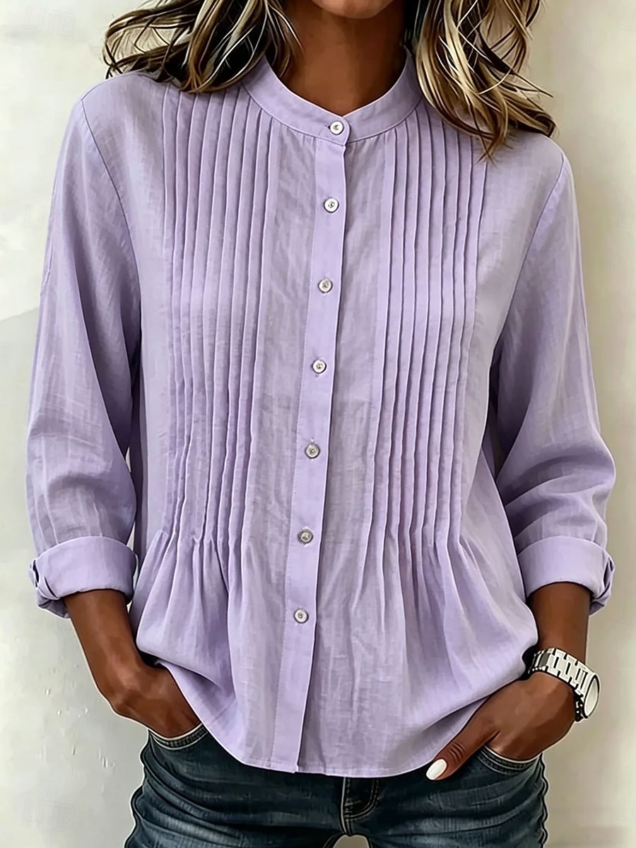 Damen Bluse Einfarbig Vintage Stilvoll Basic Langarm Mandarinkragen Normale Oberteile Lässig Täglich Blau Schwarz Weiß Purpur Sommer Frühling 2026 - $33.99 –P1