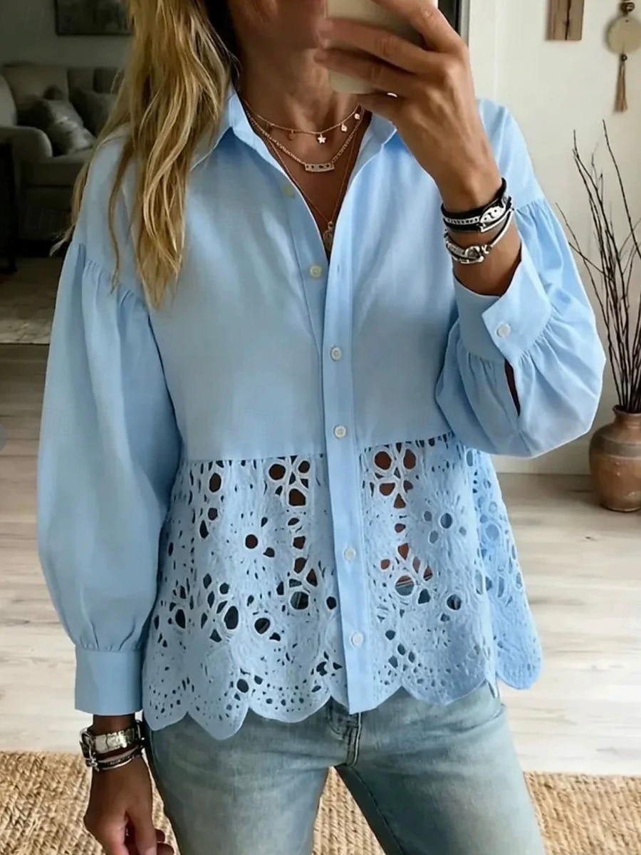 Per donna Blusa Pizzo Bottoni Semplice Elegante Casual Manica Lunga Collo ripiegato Top Regolari Casuale Quotidiano Blu Rosa Estate Primavera del 2026 a $33.99 –P2