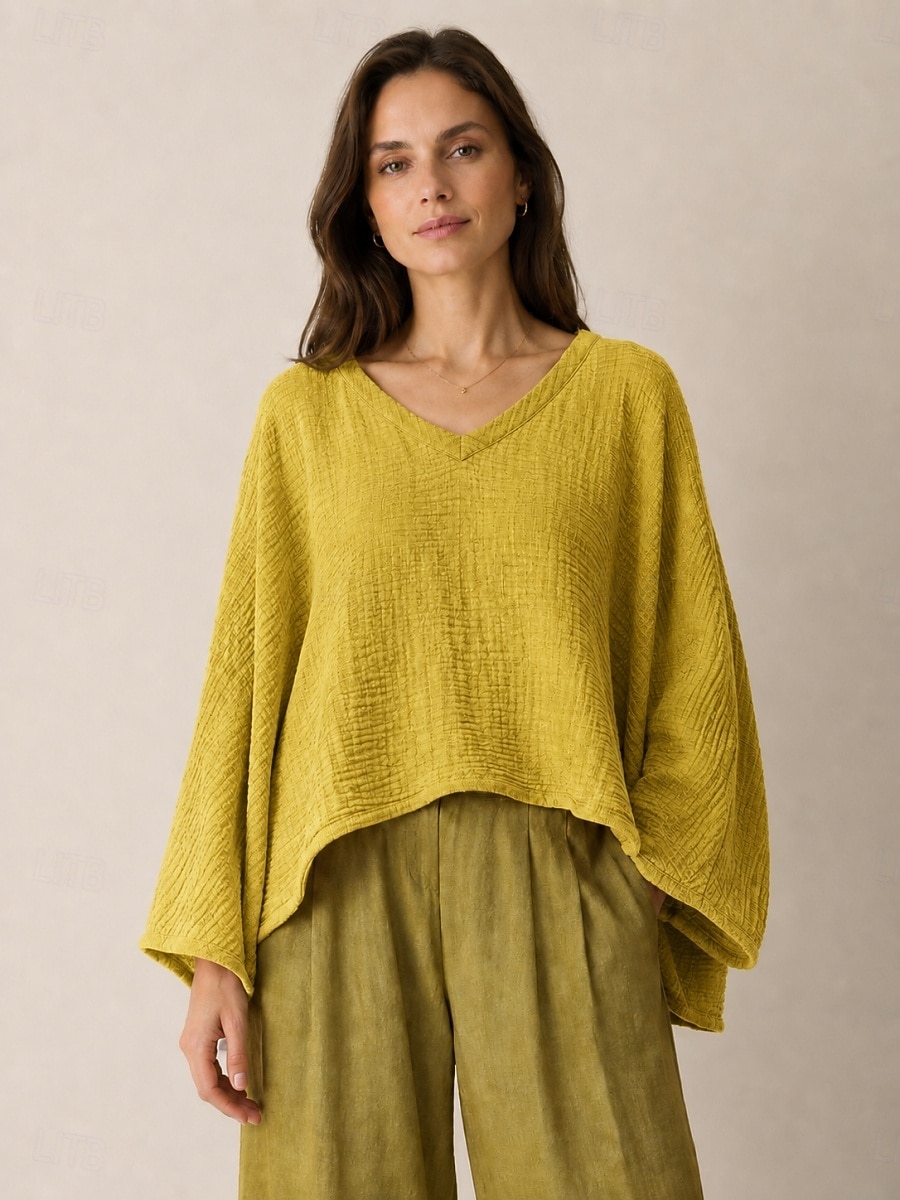 Leinenbluse für Damen mit langen Ärmeln, asymmetrischem Saum und V-Ausschnitt im Vintage-Stil, gelb, lila und beige, Herbst/Winter 2026 - $45.99 –P7
