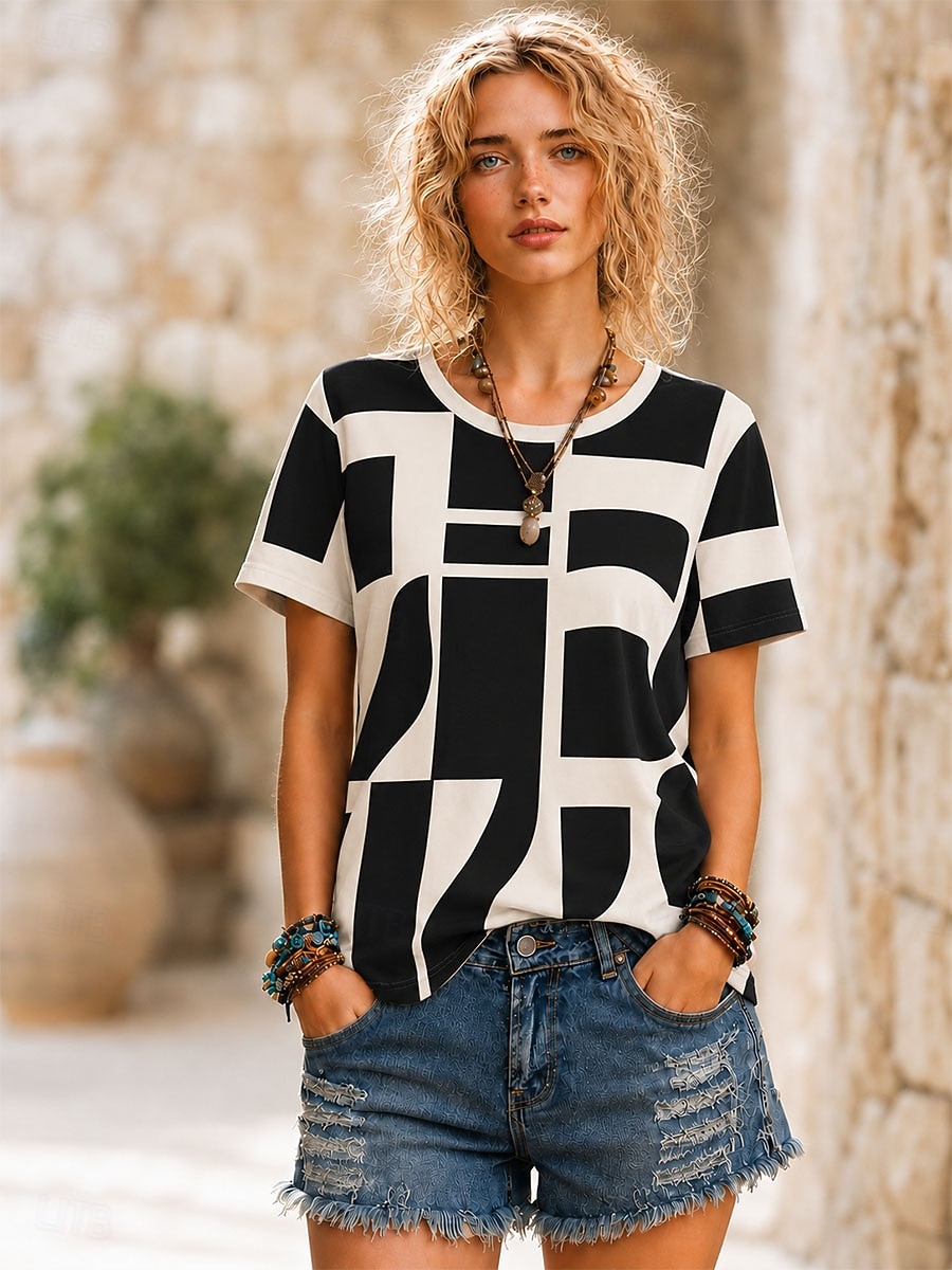 Women's T Shirt Print Graphic Geometric Tribal Fashion Stylish Classic Short Sleeve Crew Neck Round Neck Regular Tops Casual Daily Sports White Black Red Summer Spring 2026 - $19.99 –P1