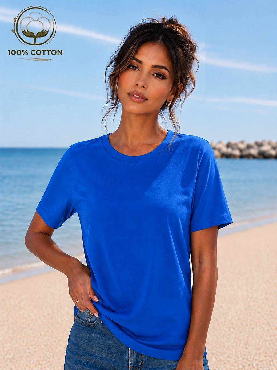Women's T Shirt Summer Tops Cotton Shirt Tee Top Solid Color Fashion Stylish Basic Short Sleeve Crew Neck Round Neck Regular Tops Casual Daily Beach Blue Khaki Indigo Green with beige Black Summer 2026 - $19.99 –P13