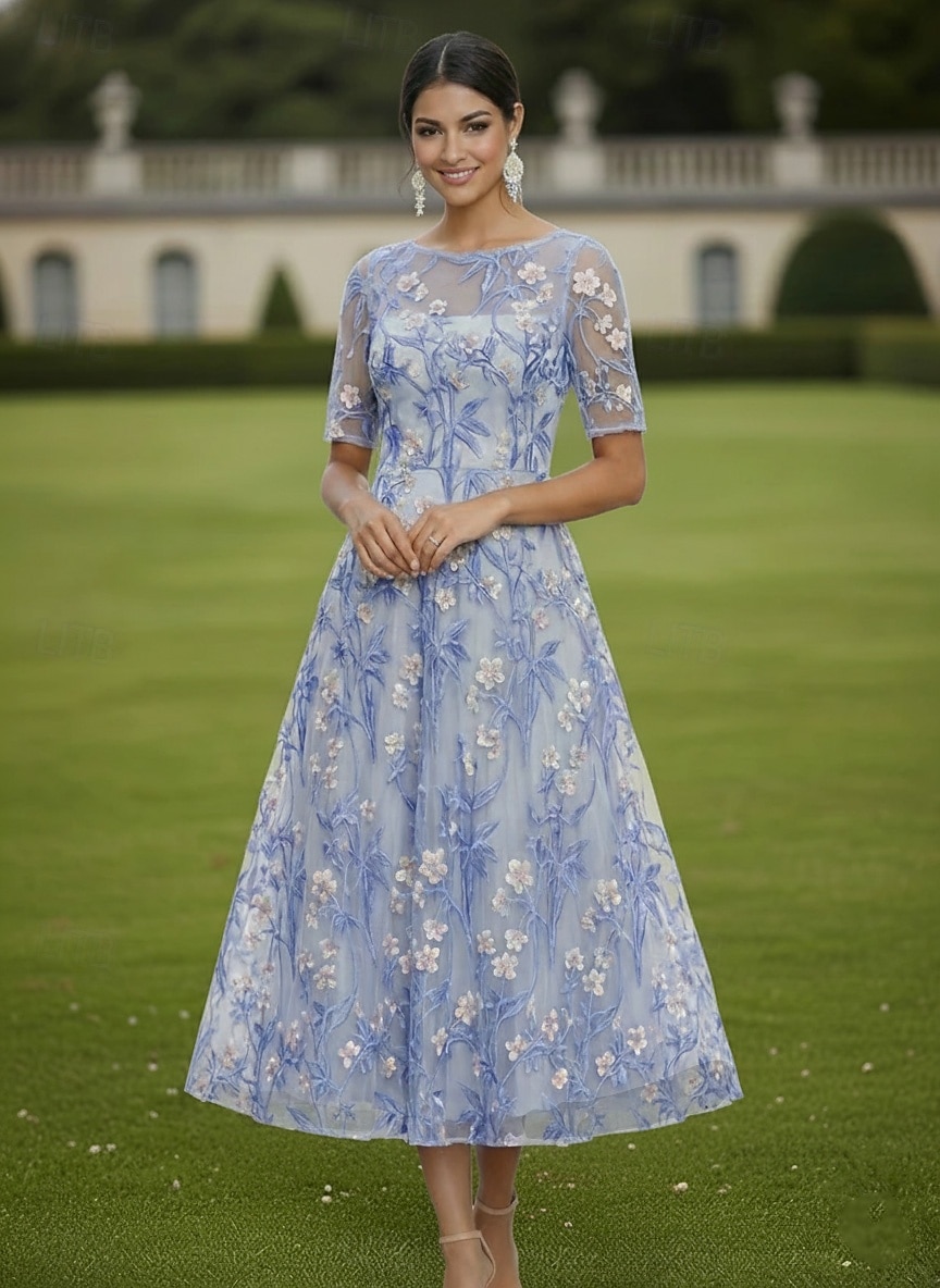 Ligne A Robe Longueur cheville Longueur thé Robe en Dentelle Robe de Cocktail Robe de Mère de Mariée  Manche Courte Demi Manches Col Bateau Élégant ancien Luxueux robe demoiselle d honneur Semi-Formel de 2026 ? $137.99 –P1