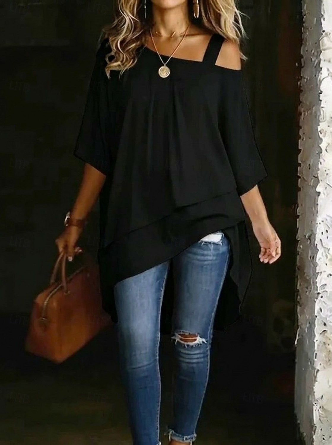 Per donna Maglietta Orlo asimmetrico Elegante Casual Manica Corta Manica a pipistrello Monospalla Top lunghi Quotidiano Uscire Abbigliamento da vacanza Bianco Nero Blu marino Azzurro Estate Primavera del 2026 a $25.99 –P5