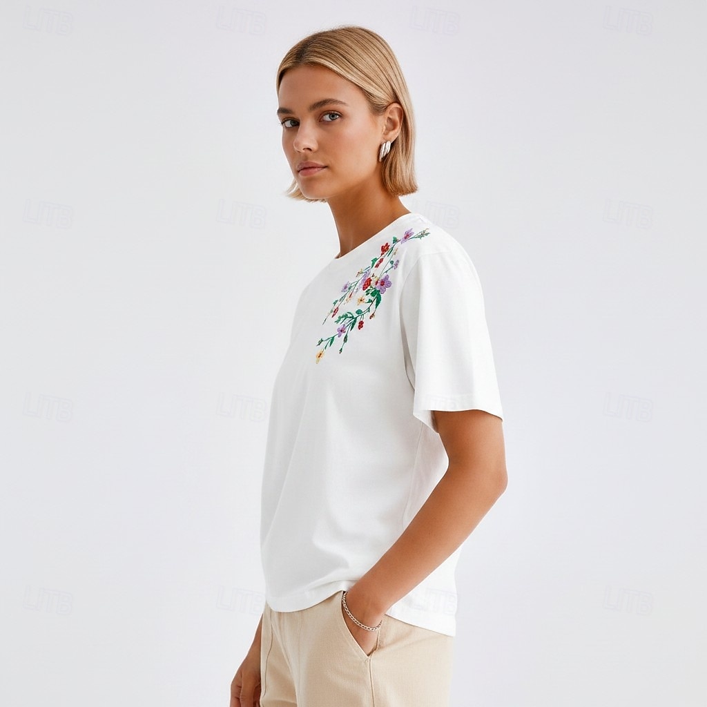 T-shirt floral brodé 100 % coton pour femmes T-shirt d'été élégants vintage tropicaux à manches courtes col rond haut régulier décontracté quotidien plage blanc été printemps automne hiver de 2026 ? $28.99 –P5