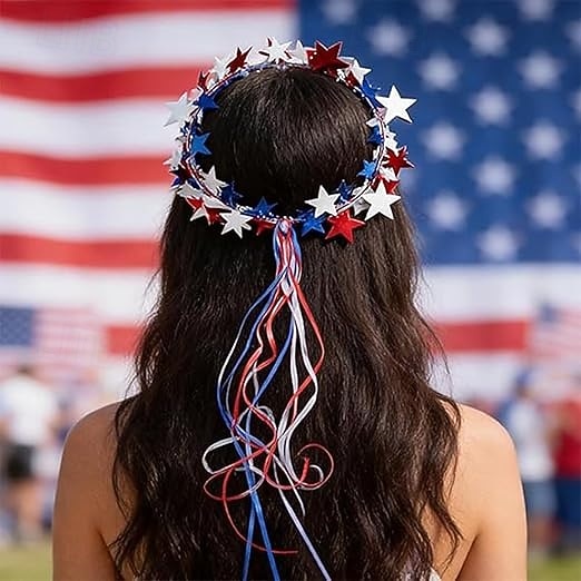 2 PCS Sparkling Americana Star Crown Headbands with Flowing Ribbons, Patriotic Red White Blue Hair Accessories for 4th of July Independence Day, Memorial Day, Veterans Day, Parades, Festivals 2026 - $11.99 –P7