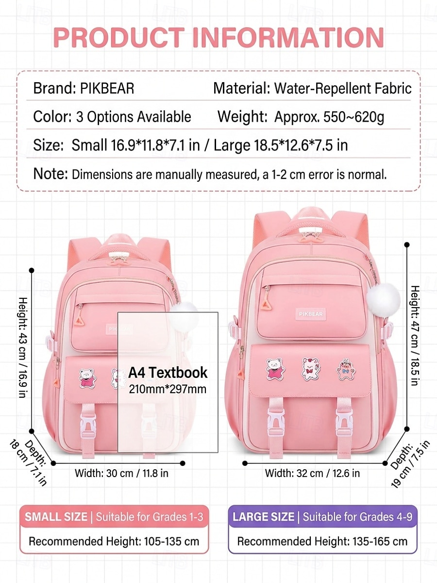 Girls Backpack Set 2PCS Water-Resistant School Backpack with Pencil Bag, Large Capacity Multi-Pocket Polyester Bookbag, Reflective Safety Strips, Pink Purple Off-White, Ideal for Elementary Middle Sch 2026 - $32.99 –P3