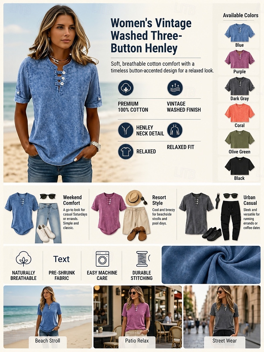 softfade™ maglietta henley da donna 100% cotone stile vintage alla moda elegante maniche corte top lunghi casual spiaggia blu rosa grigio estate primavera del 2026 a $15.99 –P4