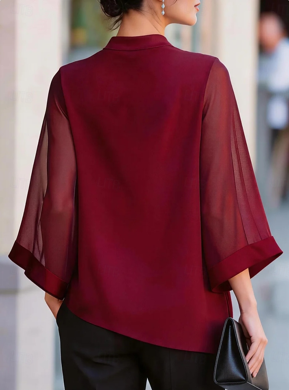 Women's Shirt Blouse Patchwork Solid Color Elegant Streetwear Daily 3/4 Length Sleeve V Neck Regular Tops Casual claret Black Navy Blue Apricot Summer Spring 2026 - $27.99 –P3