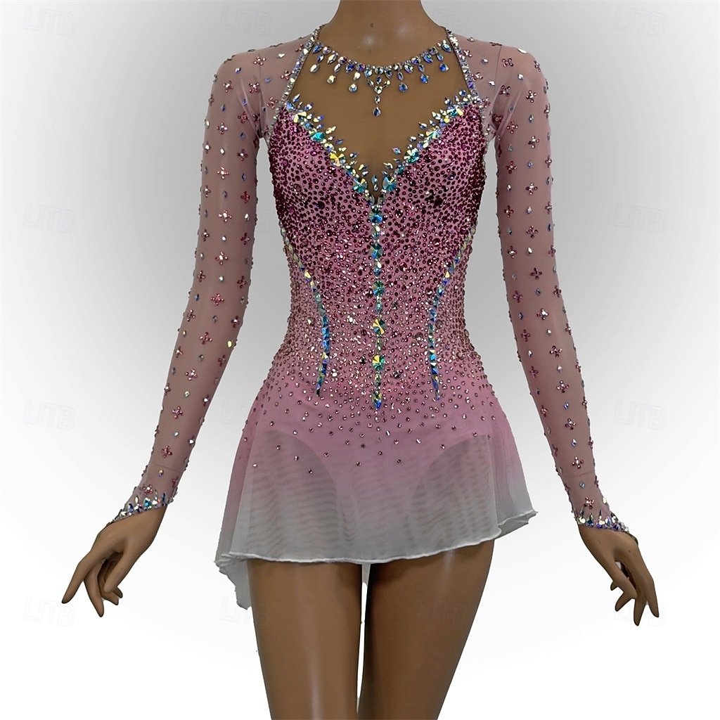 Robe de patinage artistique Femmes Patinage Robe Rose Patchwork Dos Nu Élastique Entraînement Compétition Tenue de Patinage Classique cristal pailleté manche longue Patinage sur glace Patinage de 2026 ? $536.99 –P2