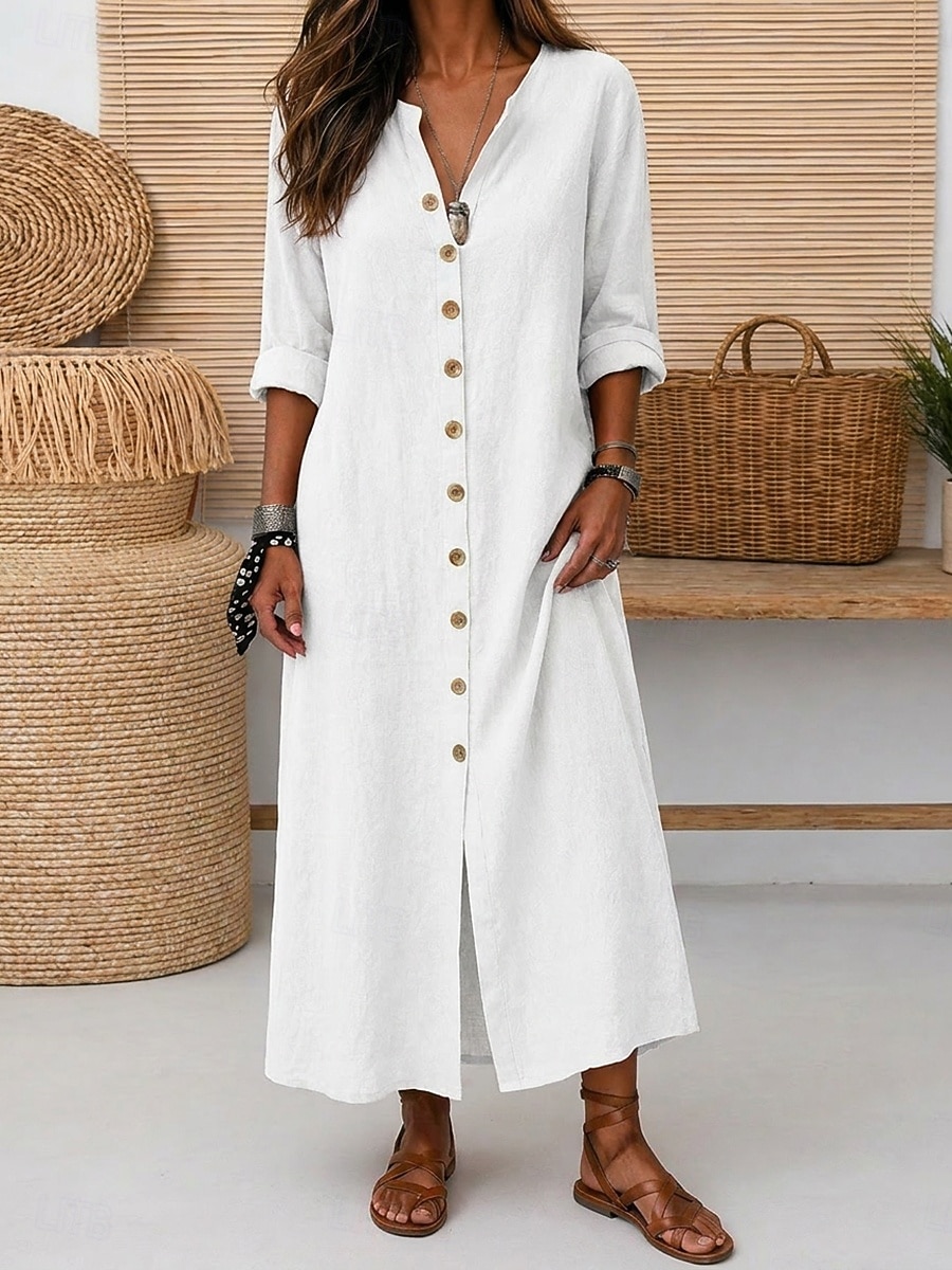 Dames Maxi-jurk Linnen jurken Vintage Dagelijks Ruim Passend Heldere kleur Lange mouw V-hals Rood Zomer 2026 - $15.99 –P10