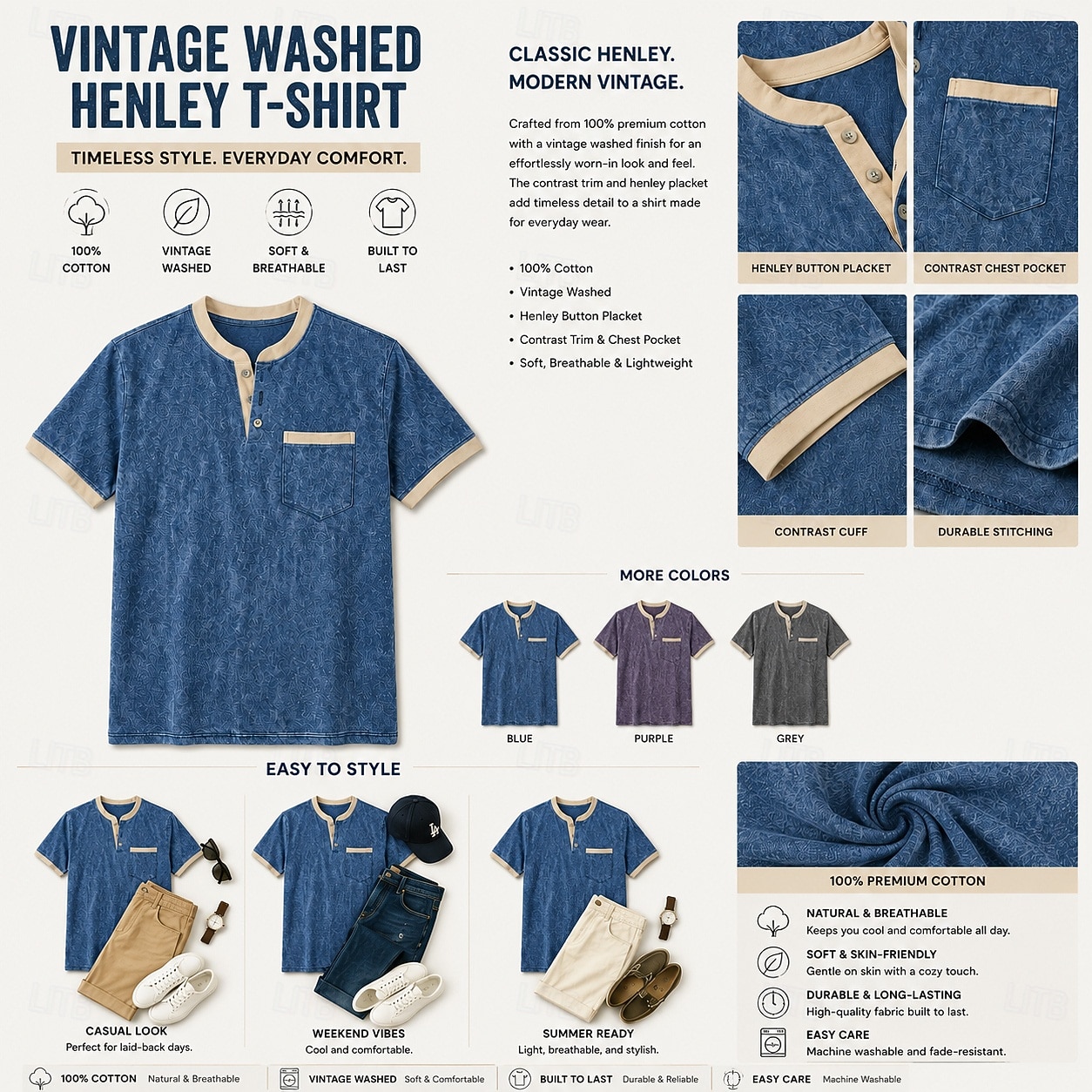Herr Henleytröja Tvätta skjorta i 100 % bomull T-shirt T-shirt Kortärmad Enfärgat Retro / vintage Ledigt Vintagestil Färgblock Tvättad Henley Ledigt Vår & sommar Sommar Vår Blå Svart Marinblå Henley 2026 - $30.99 –P1
